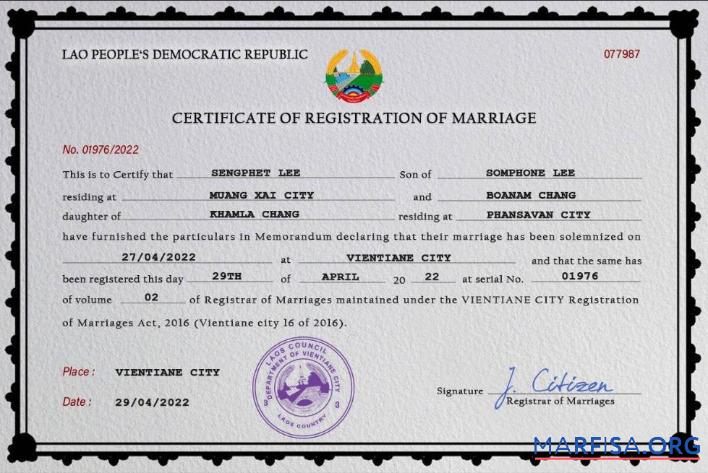 Realistic Laos marriage certificate PSD template